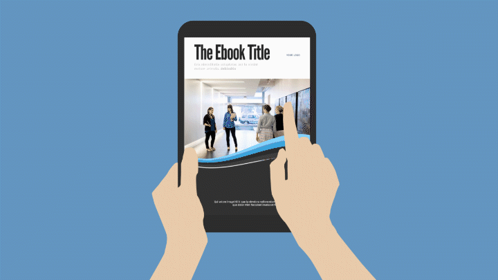 animated hand scrolling through pages of an ebook template on an animated tablet