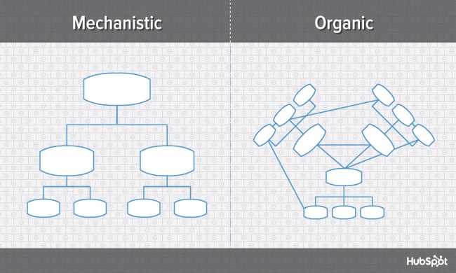 Mechanistic vs organic organizational structure, compared in two diagrams side by side