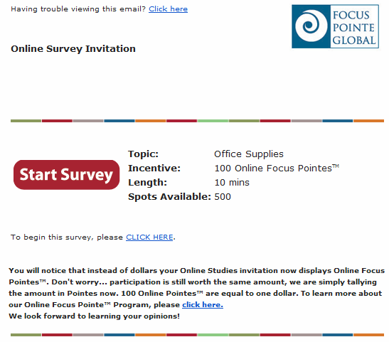 focus pointe copywriting and cta email that includes section for topic, incentive, length, and spots available along a cta email that reads "start survey""start survey"