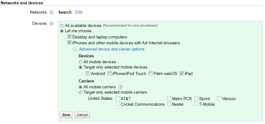 PPC Mobile Devices Settings