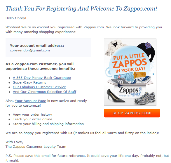 Screenshot of an email from Zappos; How to write a marketing email