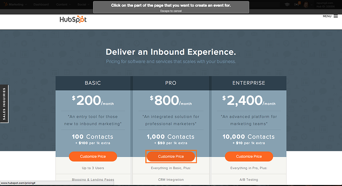 Pricing Page with Events Bookmarklet