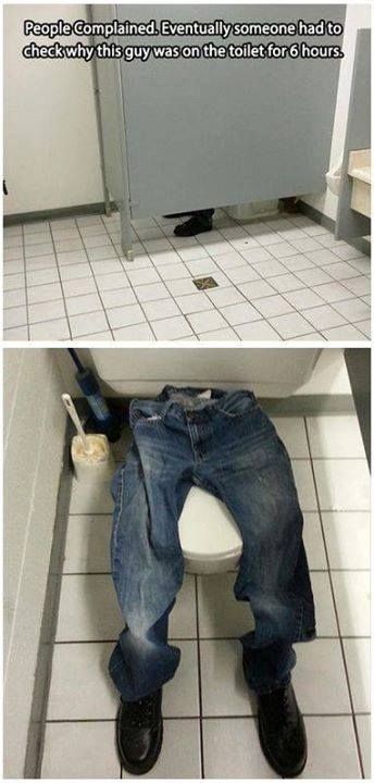 Office prank with empty pants and shoes in bathroom stall