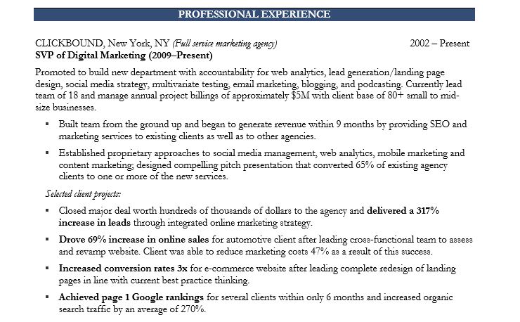 professional experience and progression of roles on a marketing resume