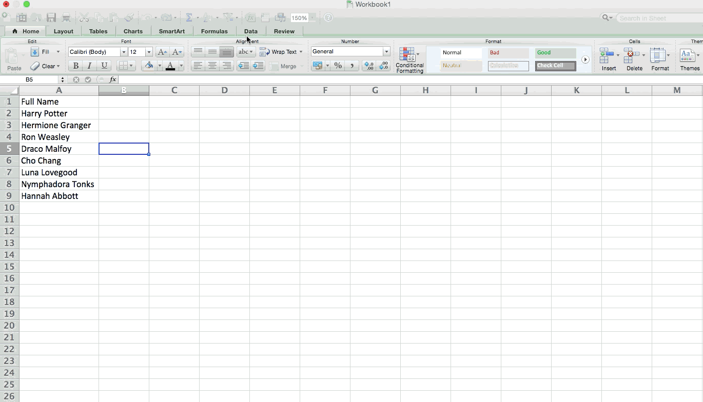 Testo in colonna in Excel