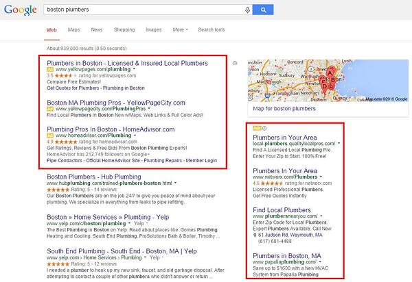 Google AdWords search engine results by Boston Plumbers