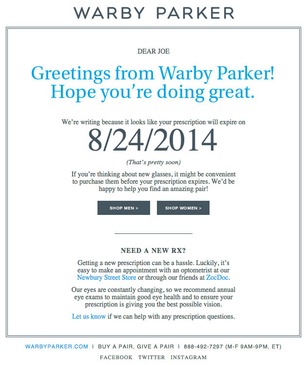 Ejemplo de campaña de marketing por correo electrónico de Warby Parker notificando al usuario la renovación del producto