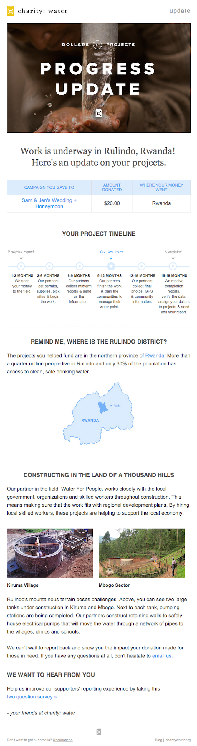 Email marketing campaign example by charity: water, showing a donation progress update