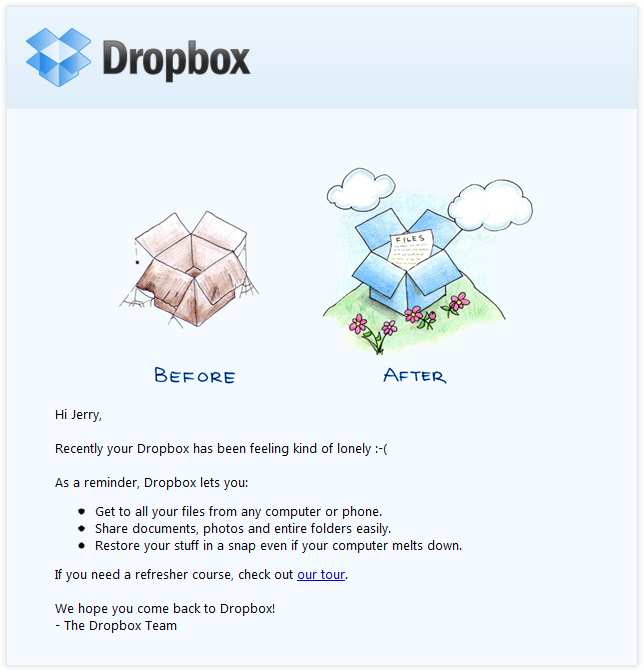 Exemple de campagne de marketing par e-mail par Dropbox tentant de réengager un utilisateur inactif