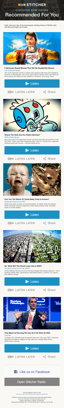 Email marketing campaign 'Recommended for You' by Stitcher