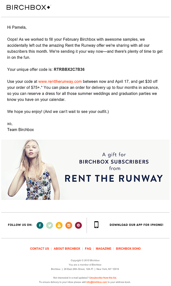 Email marketing campaign example by Birchbox featuring a comarketing promotion