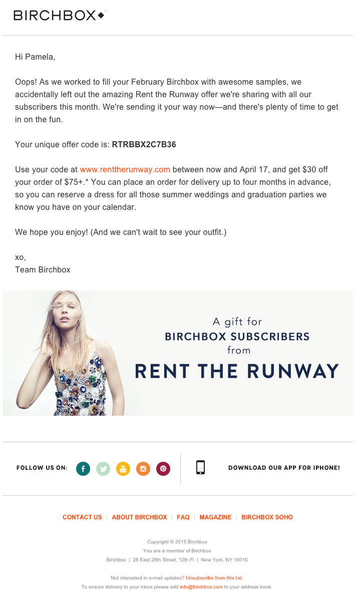 Email marketing campaign on a co-marketing promotion by Birchbox