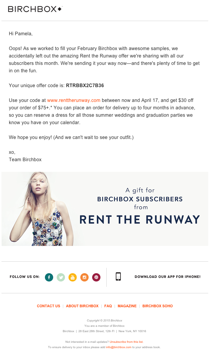 Ejemplo de campaña de marketing por correo electrónico de Birchbox con una promoción de comarketing