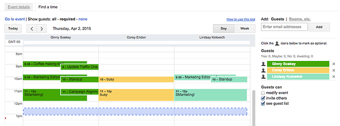 Find a time feature in Google Calendar, with event schedules for three event guests side by side