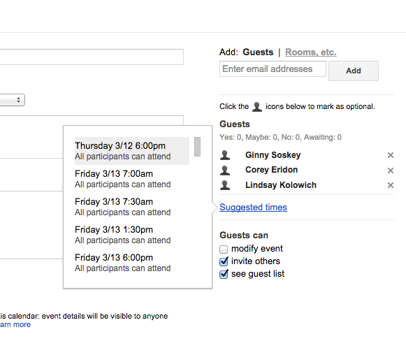 Lista sugerowanych godzin dla wydarzenia w Kalendarzu Google