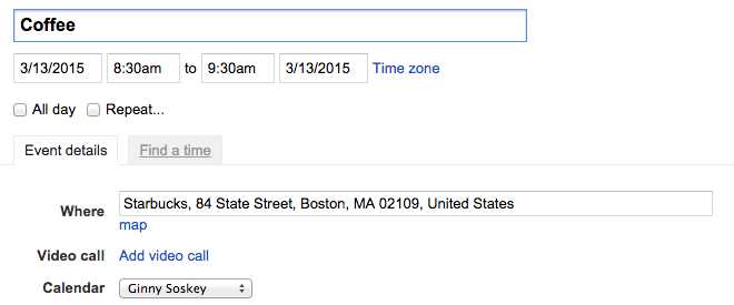 Field in Google Calendar event for where the event will take place