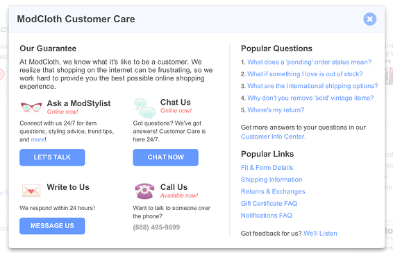Ecommerce customer service page on ModCloth's website