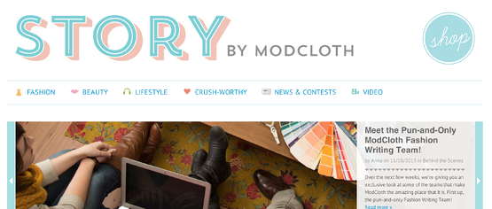 Branded light-blue ecommerce website design for ModCloth's blog