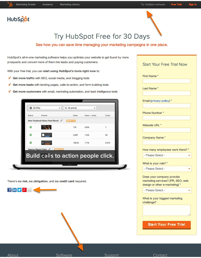 HubSpot Free Trial Page with Navigation and Links