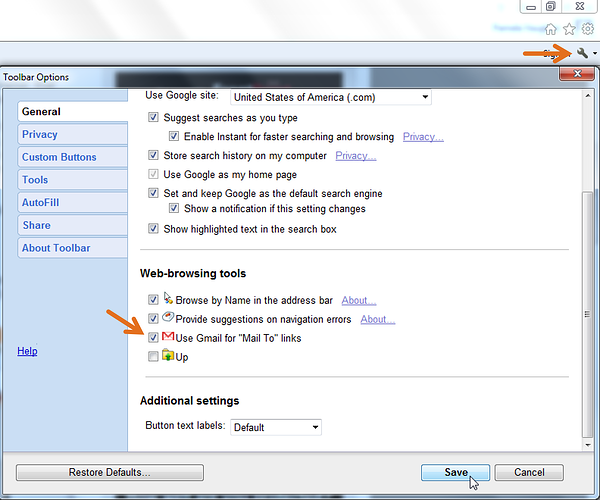 Toolbar options screen to make Gmail default email client for Mail To links in Internet Explorer