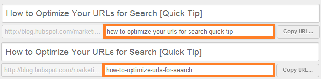 url slug that reads "how-to-optimize-your-urls-for-search-quick-tip" vs. a better example that reads "how-to-optimize-urls-for-search"