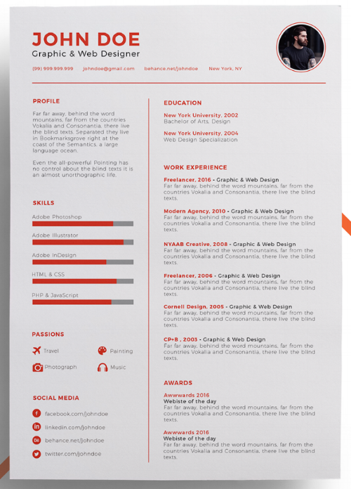 Resume template with photo space on the top right