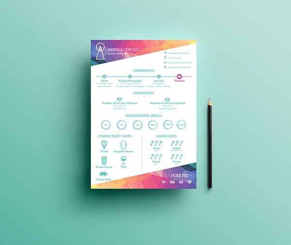 Resume template with colorful header and footer