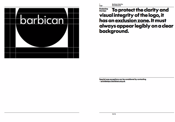 Brand style guide for Barbican with black and white logo in circle and gridlines