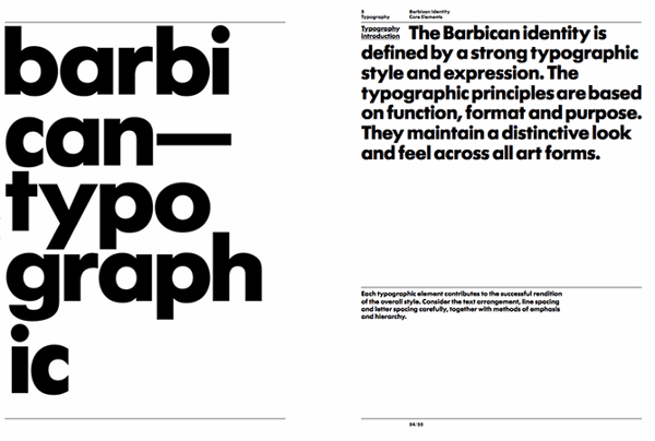 Typography guidelines in the style guide of Barbican art and learning centre