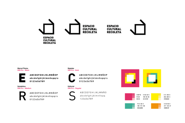 Guía de estilo de marca para Espacio Cultural con cuatro tipos de letra y una paleta de colores vibrantes 