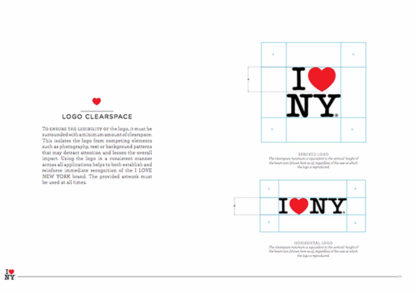 Guía de estilo de marca para I Love New York con logotipo y líneas de cuadrícula 