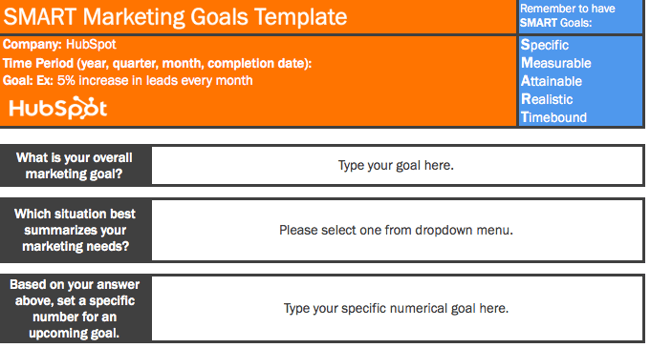 smart marketing goals template in excel that includes slots for time period and numerical metric