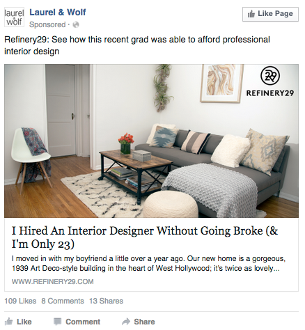 Facebook Ad with single image on a desktop news feed
