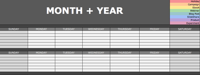 social media content calendar in excel with color coding for type and slots for each day