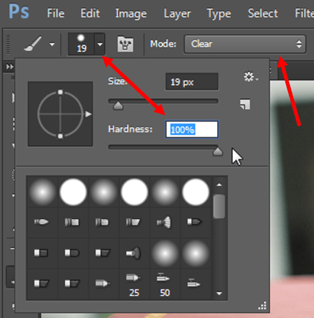 Size and Hardness option in Photoshop