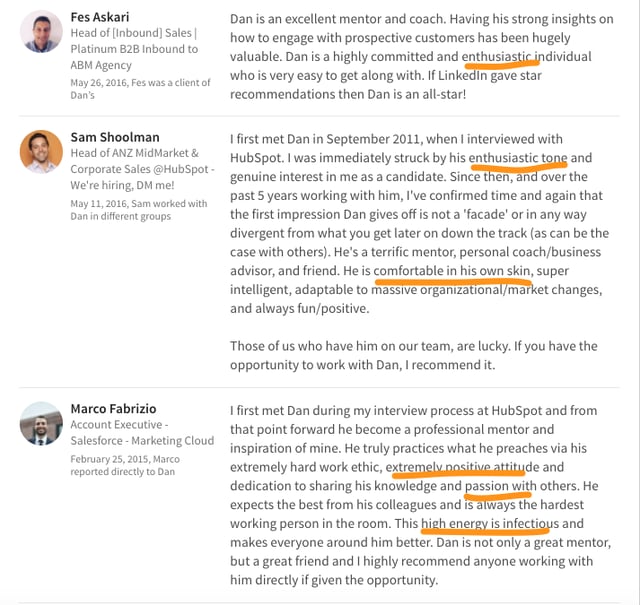 Dan Tyre's LinkedIn Profile Recommendations - Many individuals recommend Dan Tyre, and some key phrases are highlighted: enthusiastic, comfortable in his own skin, positive attitude, passion, high energy, etc.