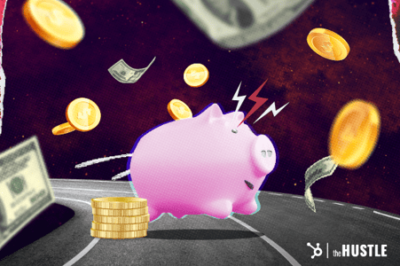 A pig runs on a street surrounded by money.