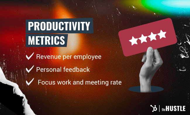 Productivity metrics: revenue per employee, personal feedback, focus work and meeting rate.