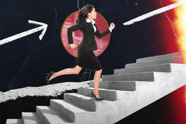 Productivity formula: A woman runs up a flight of stairs.