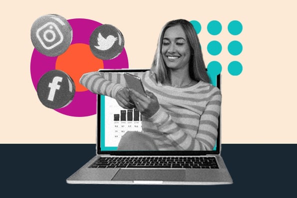 social media brand monitoring tools: image shows a girl on her phone popping out of a laptop computer 