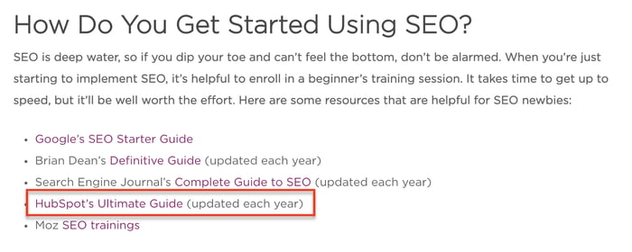 Article on "how to get started using seo" featuring hubspot's ultimate guide for seo