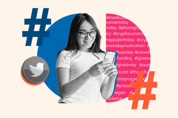 twitter hashtags: image shows a person on their phone surrounded by hashtags 