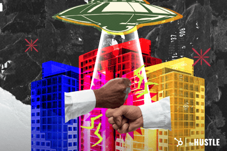 Mergers and Acquisitions: Two hands fist bump while a UFO hovers above them and their two companies.