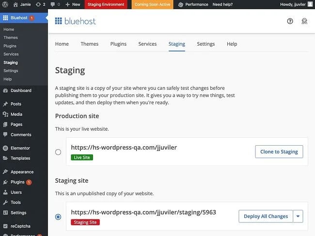 Staging website in WordPress CMS: Bluehost cloned-to-staging confirmation in staging environment