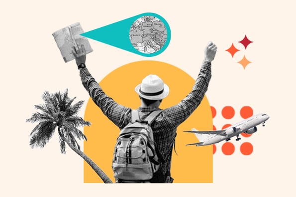 sabbatical: image shows a person with a map in hand and wearing a vacation hat. plane is also shown 