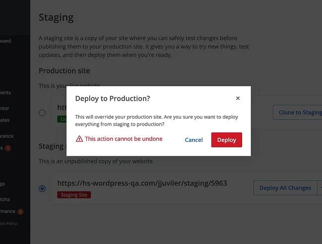 Staging website in WordPress CMS: Bluehost Deploy to Production pop-up message
