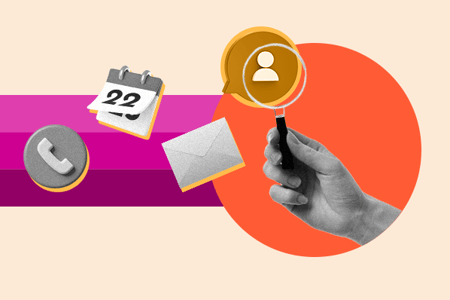 prospecting: image shows a hand holding a magnifying glass near a calendar, phone icon, and envelope 