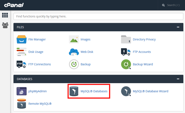 Click MySQL Databases in cPanel to reset WordPress site manually