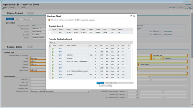 Data governance tools: SAP Master Data Governance running a duplicate check 
