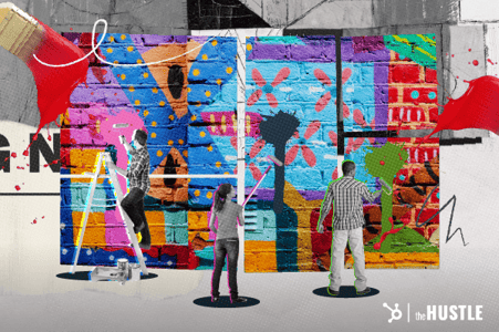 Food Startups: Three people work on painting a mural.